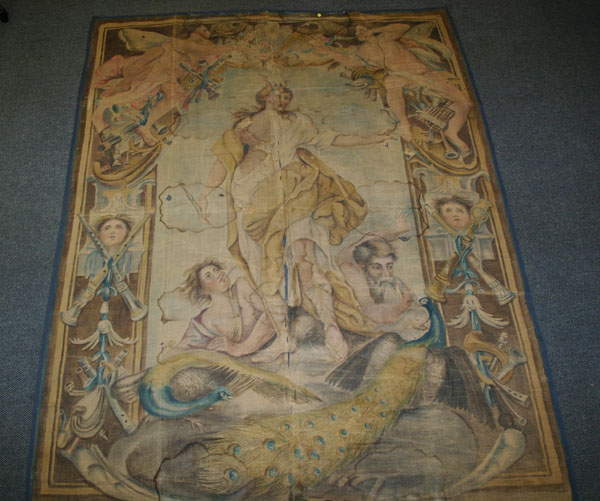 Appraisal: Large antique tapestry classical figures cavort against musical instrument background