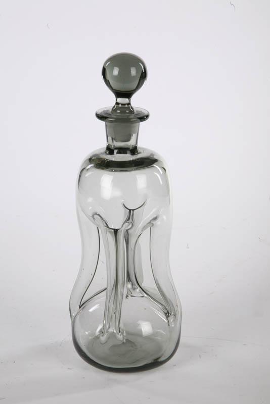 Appraisal: GLASS DECANTER Smoke grey with pinched sides Possibly Steuben Matching