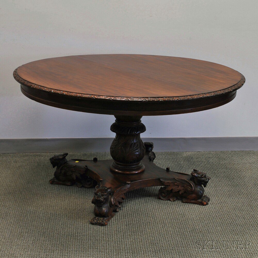 Appraisal: Empire-style Carved Mahogany and Mahogany Veneer Single-pedestal Table the round