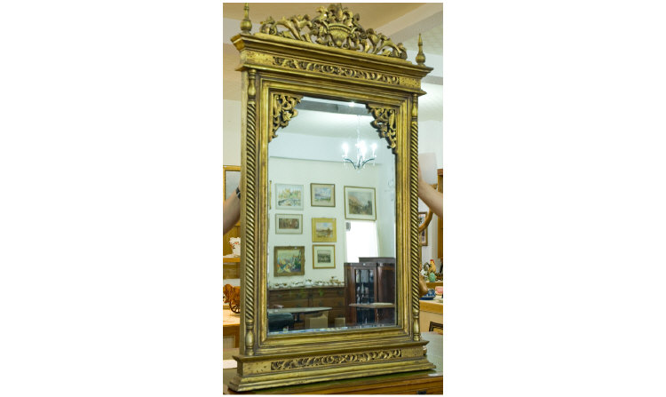 Appraisal: Large Gilt Modern Bevelled Mirror With Barley Twist Mounts To