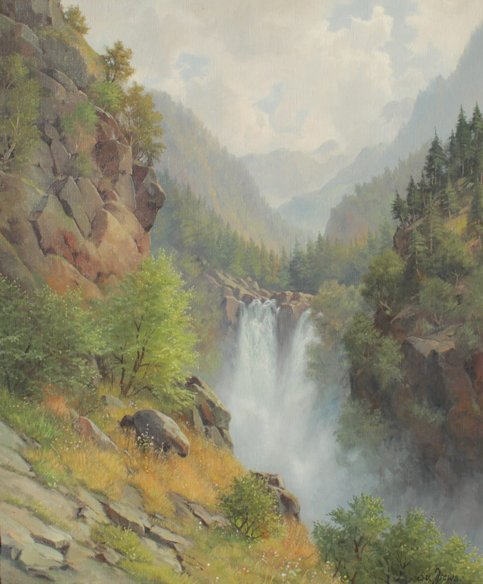 Appraisal: DREWS Svend Danish - Waterfall Landscape Oil Canvas '' x