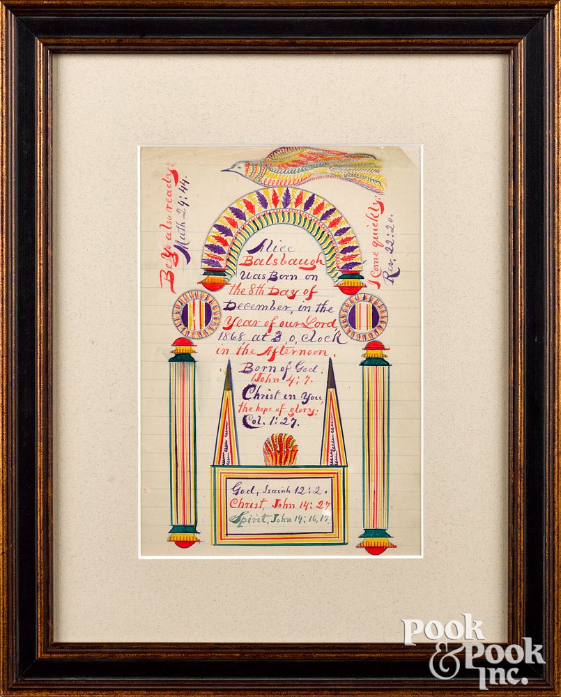 Appraisal: Pennsylvania watercolor and ink on paper fraktur Vibrant Pennsylvania watercolor