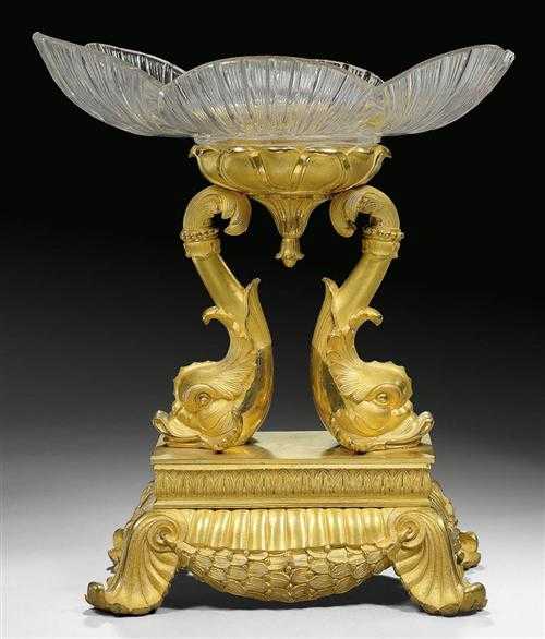 Appraisal: CUT GLASS AND BRONZE BOWL AUX DAUPHINS late Empire Paris