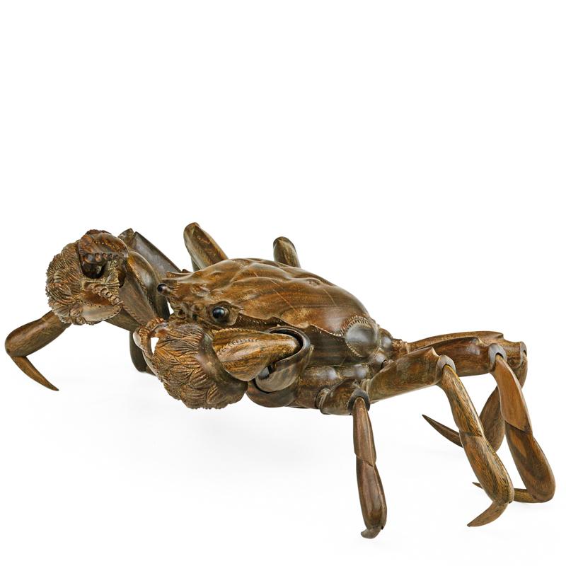 Appraisal: JAPANESE ARTICULATED WOOD CRAB Naturalistically modeled with resin eyes th