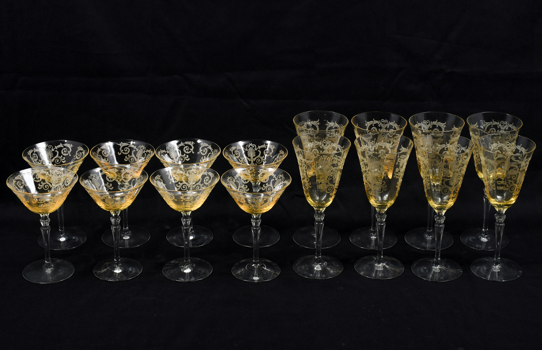 Appraisal: PC ETCHED YELLOW DEPRESSION GLASS STEMWARE White wine glasses Red