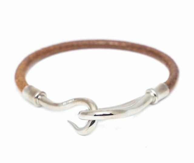 Appraisal: Hermes Jumbo bracelet brown leather cord with palladium-plated hook closure