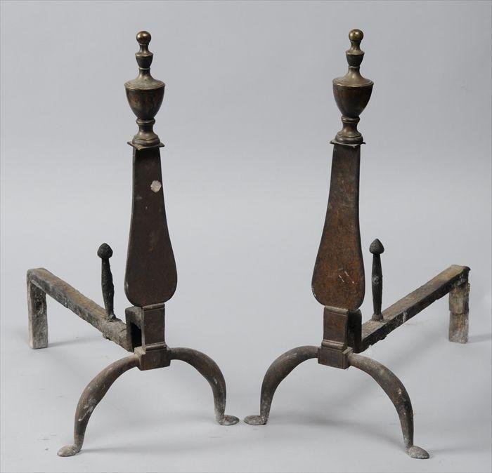 Appraisal: PAIR OF FEDERAL IRON AND BRASS KNIFE BLADE ANDIRONS Each