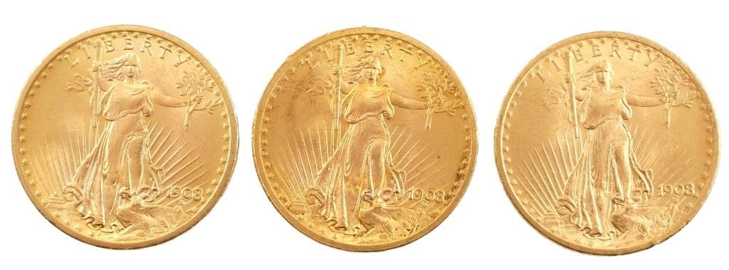 Appraisal: ST GAUDENS GOLD PIECES Three US gold double eagle coins