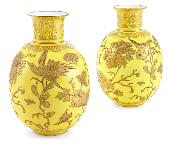 Appraisal: A pair of Royal Crown Derby yellow ground porcelain vases