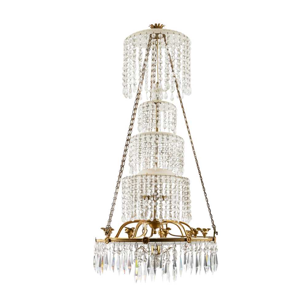 Appraisal: A REGENCY CUT GLASS AND GILT BRASS CASCADE CHANDELIER EARLY