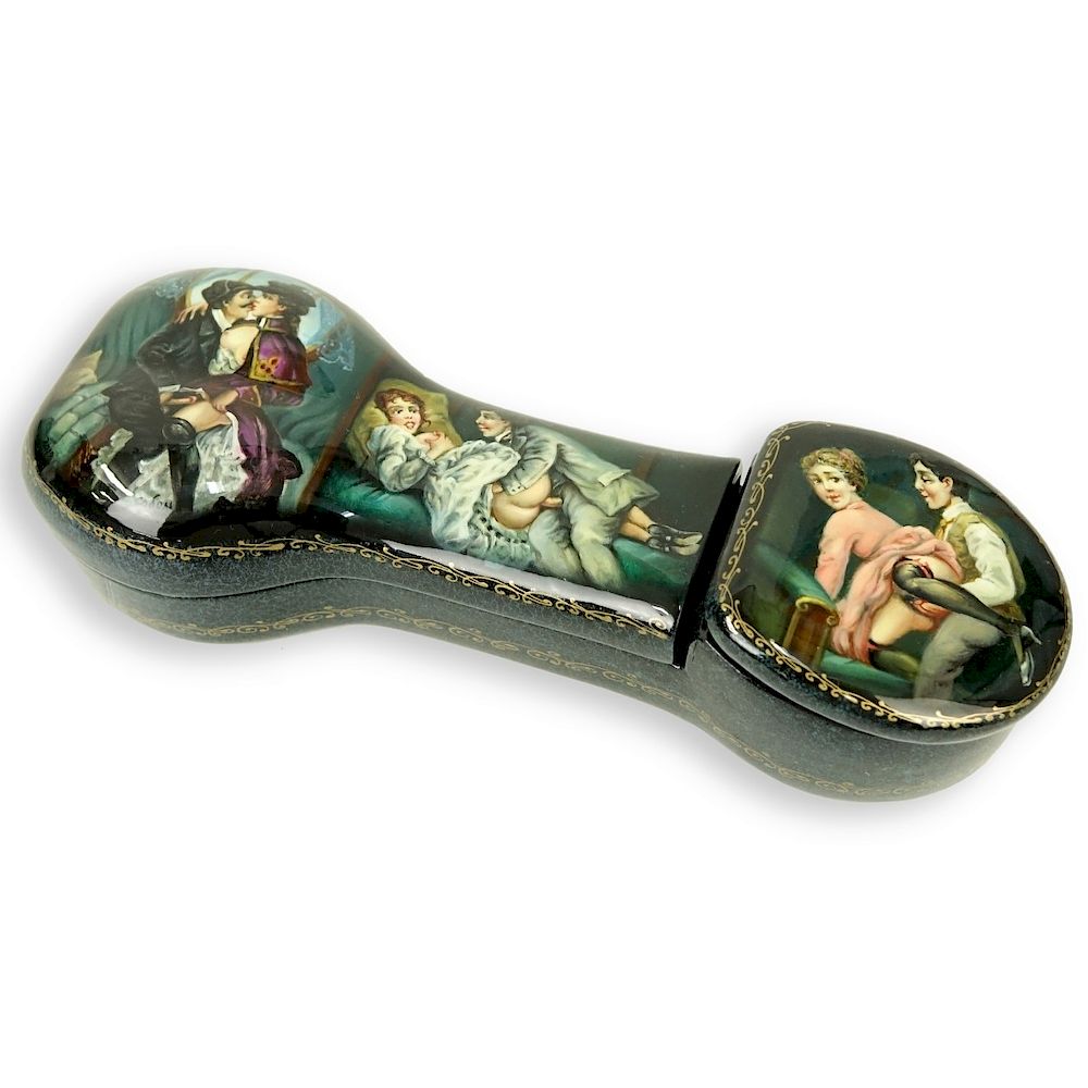 Appraisal: Russian Lacquered Phallus Form Hinged Box Erotic Russian Lacquered Phallus