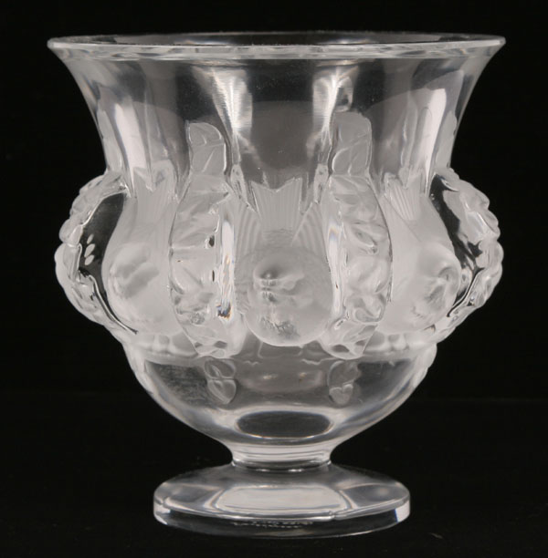 Appraisal: Lalique Dampierre lovebirds crystal vase H Excellent condition