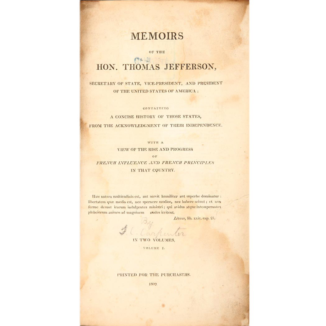 Appraisal: JEFFERSON THOMAS -- CARPENTER STEPHEN CULLEN Memoirs of the Hon