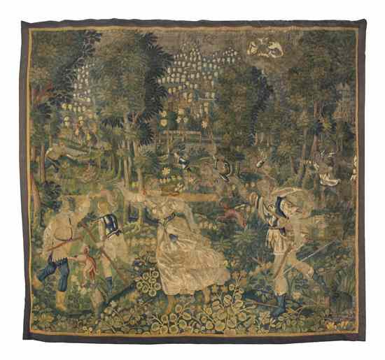 Appraisal: A Continental Wool Tapestry depicting figures in a wooded landscape