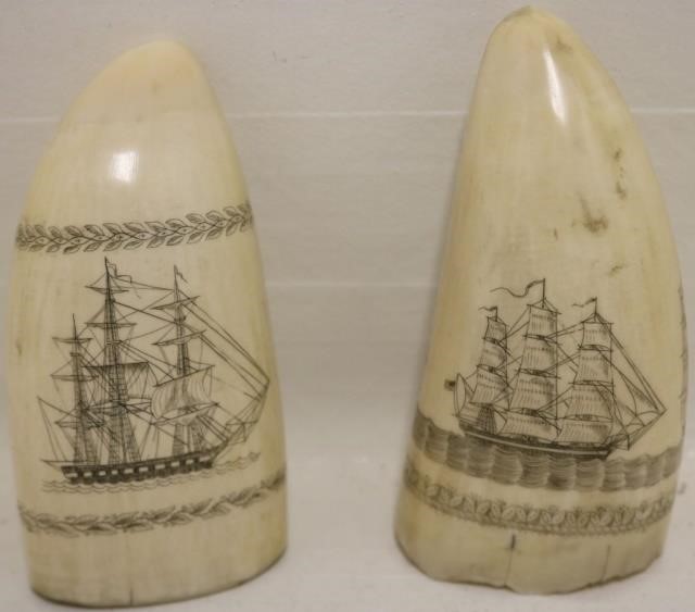 Appraisal: SCRIMSHAW WHALE TEETH POSSIBLY LATE TH C ONE DEPICTS VIEWS