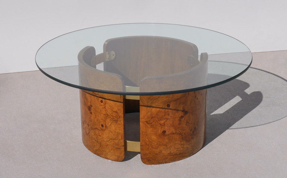 Appraisal: BURLWOOD ROUND COFFEE TABLE WITH GLASS TOP burlwood veneer section