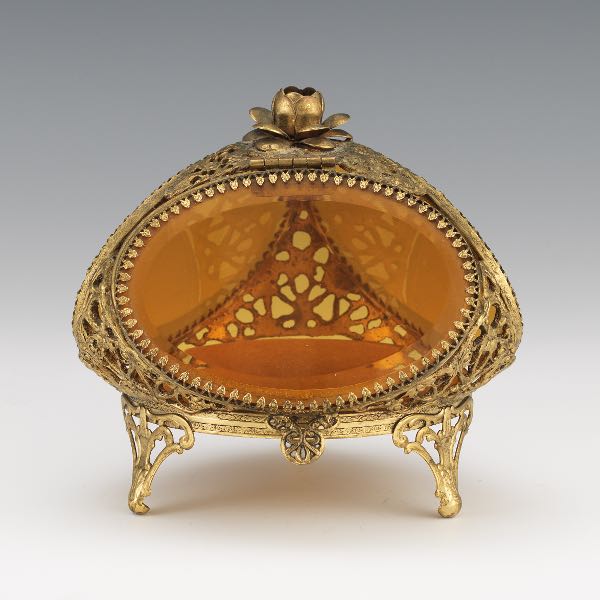 Appraisal: FRENCH GILT METALS AND AMBER BEVELLED GLASS JEWELRY BOX x