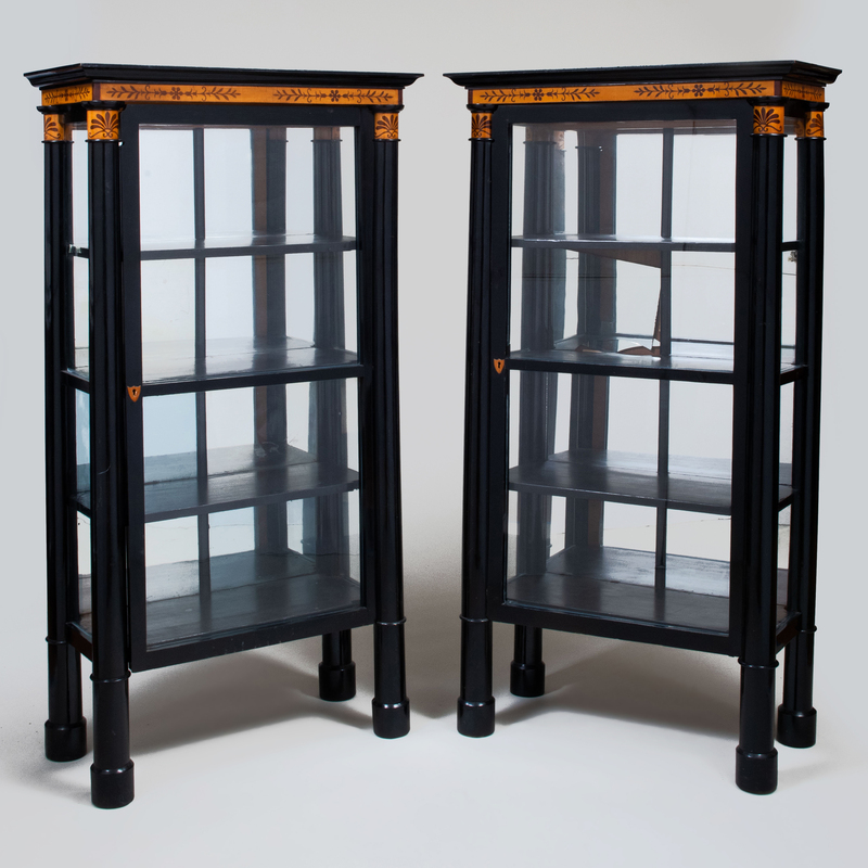 Appraisal: Pair of Biedermeier Style Ebonized and Inlaid Vitrine Cabinets Both