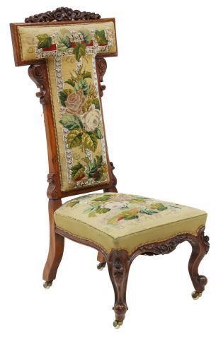 Appraisal: Victorian prie-dieu prayer chair th c floral-carved crest beaded needlepoint