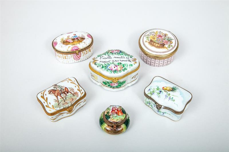 Appraisal: Halcyon Days Enamel Box and Five Gilt-Metal Mounted Porcelain Boxes