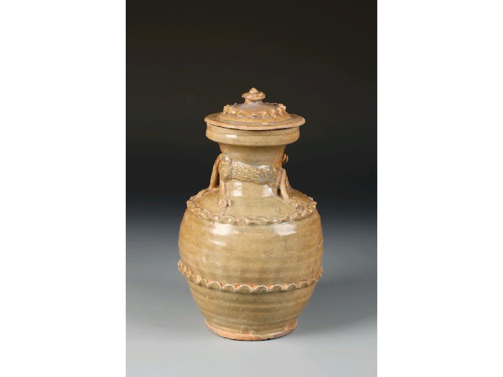 Appraisal: A CHINESE VASE AND COVER coloured in a pale olive