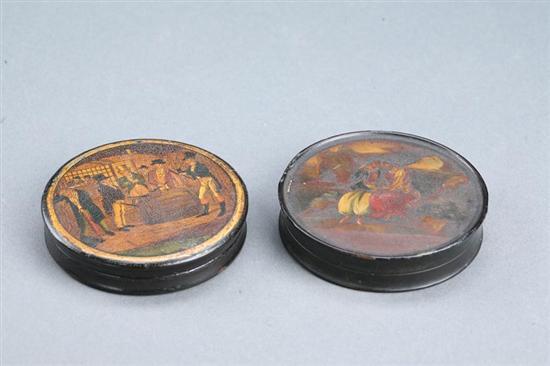 Appraisal: TWO DECORATED SNUFF BOXES European th century lacquered papier mache