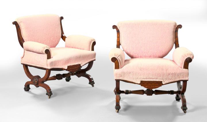 Appraisal: Pair of American Neo-Grec Marquetry-Inlaid and Gilt-Incised Walnut Armchairs the