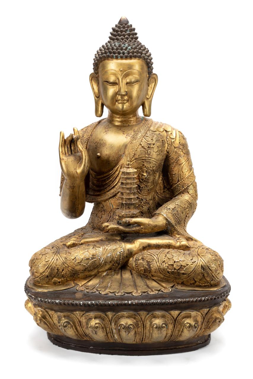 Appraisal: TIBETAN GILT METAL SEATED BUDDHA Tibetan gilt metal seated Buddha