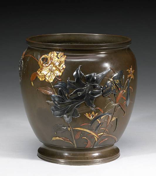 Appraisal: A large patinated bronze jardinere with mixed metal accents Meiji