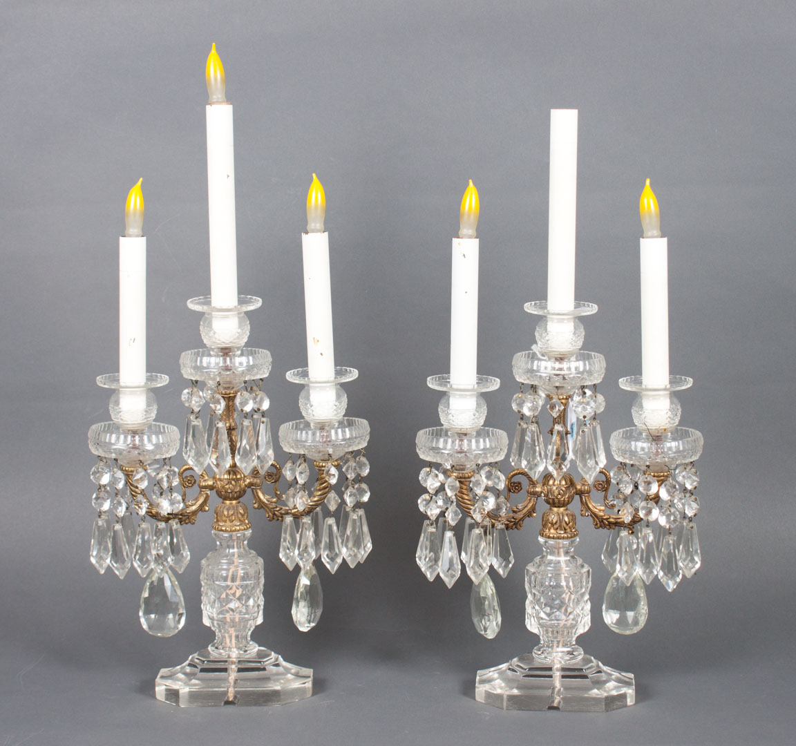 Appraisal: Pair of Anglo-Irish brass-mounted glass candelabra circa s Regency style