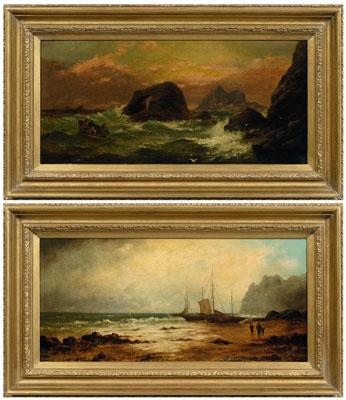 Appraisal: Pair British School paintings rocky coastal scenes with fishing vessels