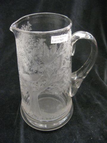 Appraisal: Fine Engraved Glass Pitcher deeply cut birds in the forest