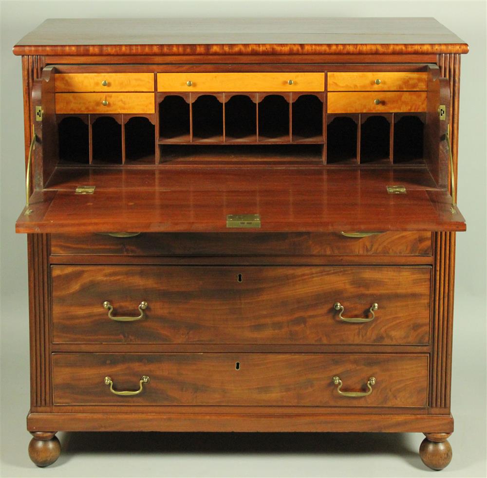 Appraisal: A LATE FEDERAL FIGURED MAHOGANY AND BIRDSEYE MAPLE SECRETARY DESK