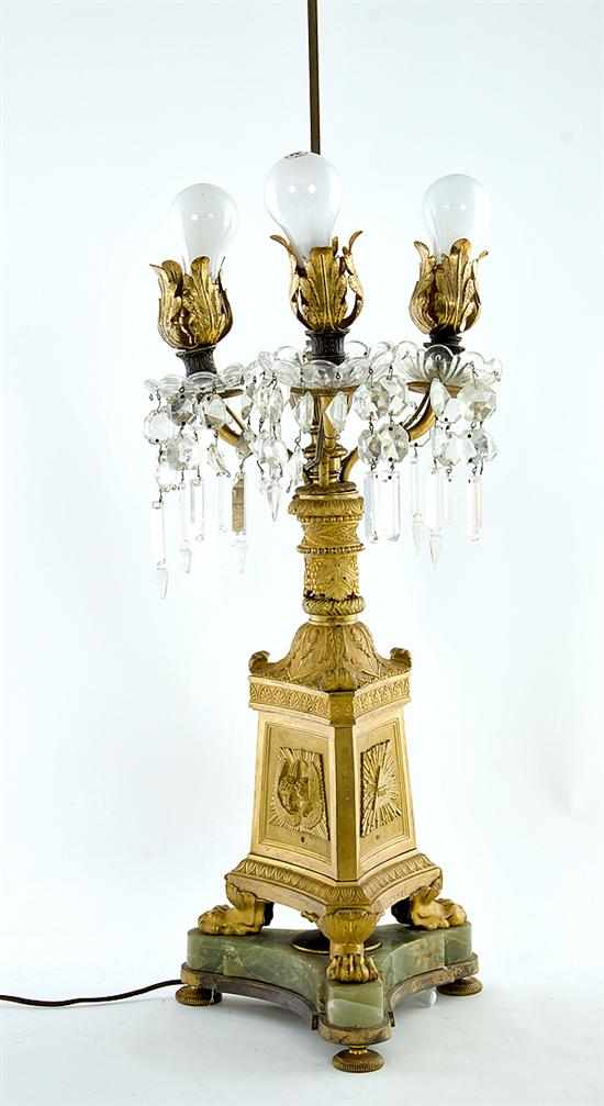 Appraisal: French gilt-bronze and onyx candelabra second half th century three