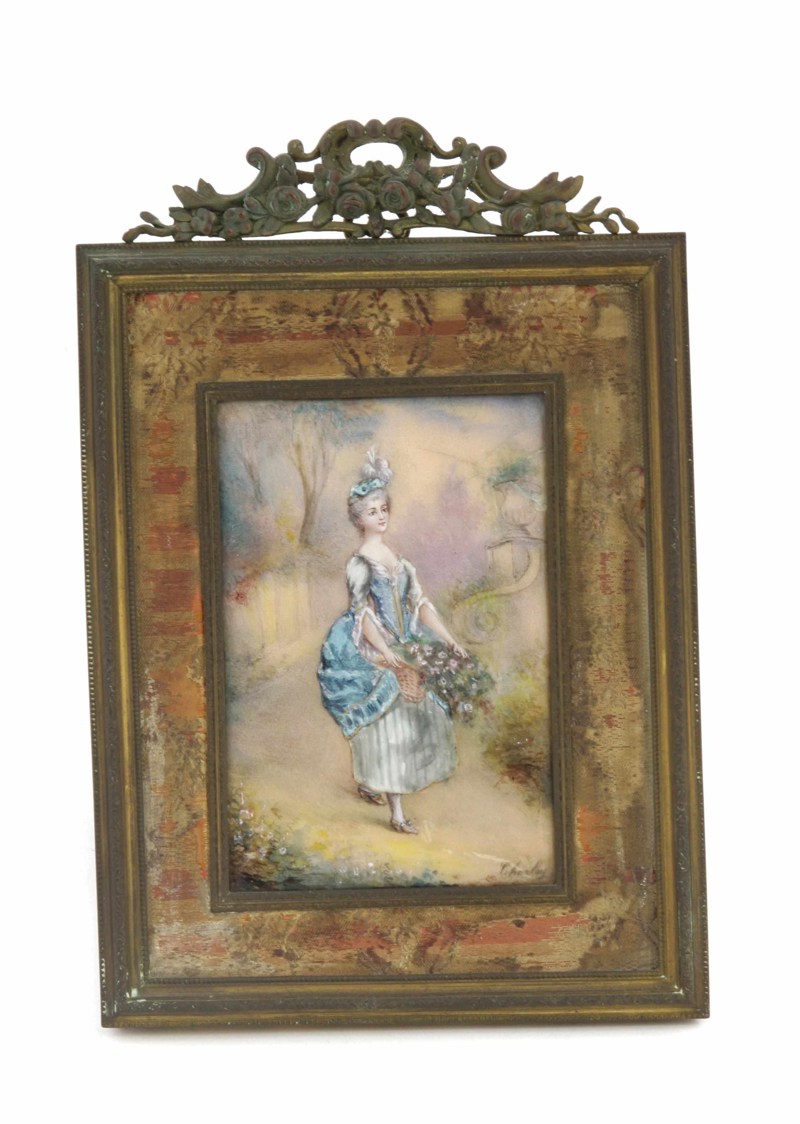 Appraisal: A French enamel plaque in gilt metal frame early th