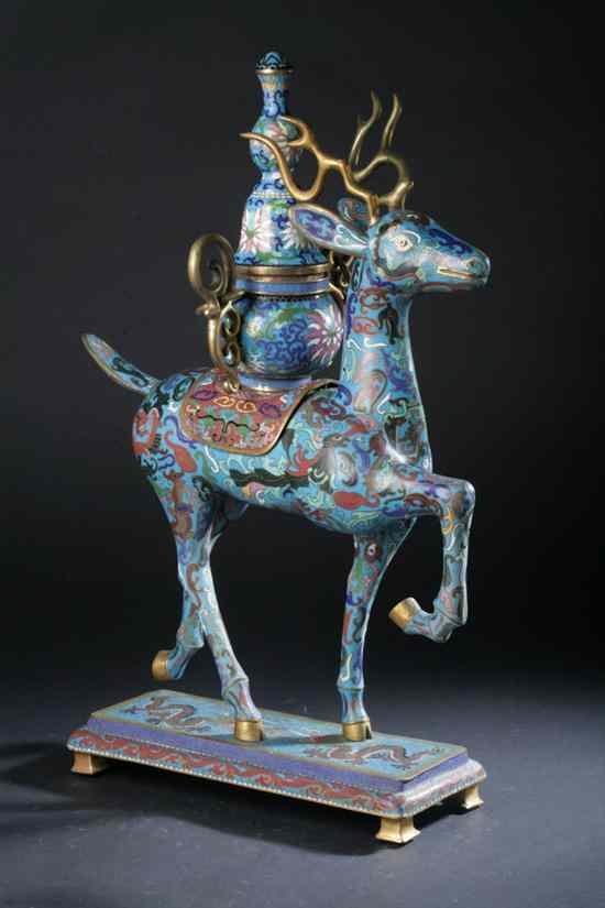 Appraisal: CHINESE CLOISONN ENAMEL FIGURE OF DEER-FORM CENSER With double gourd