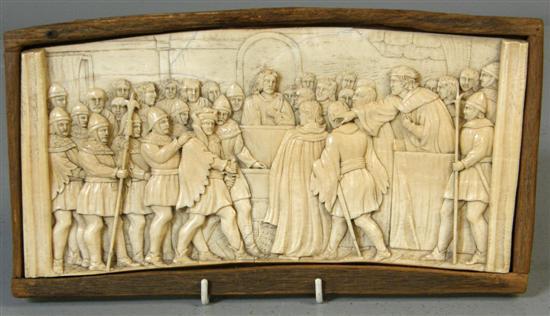 Appraisal: Dieppe ivory panel carved with a scene depicting a medieval