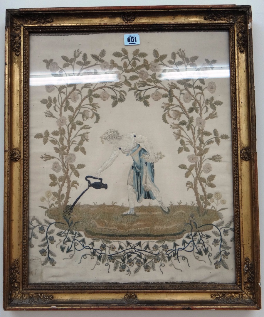 Appraisal: A longthread silkwork picture circa depicting a classical figure watering