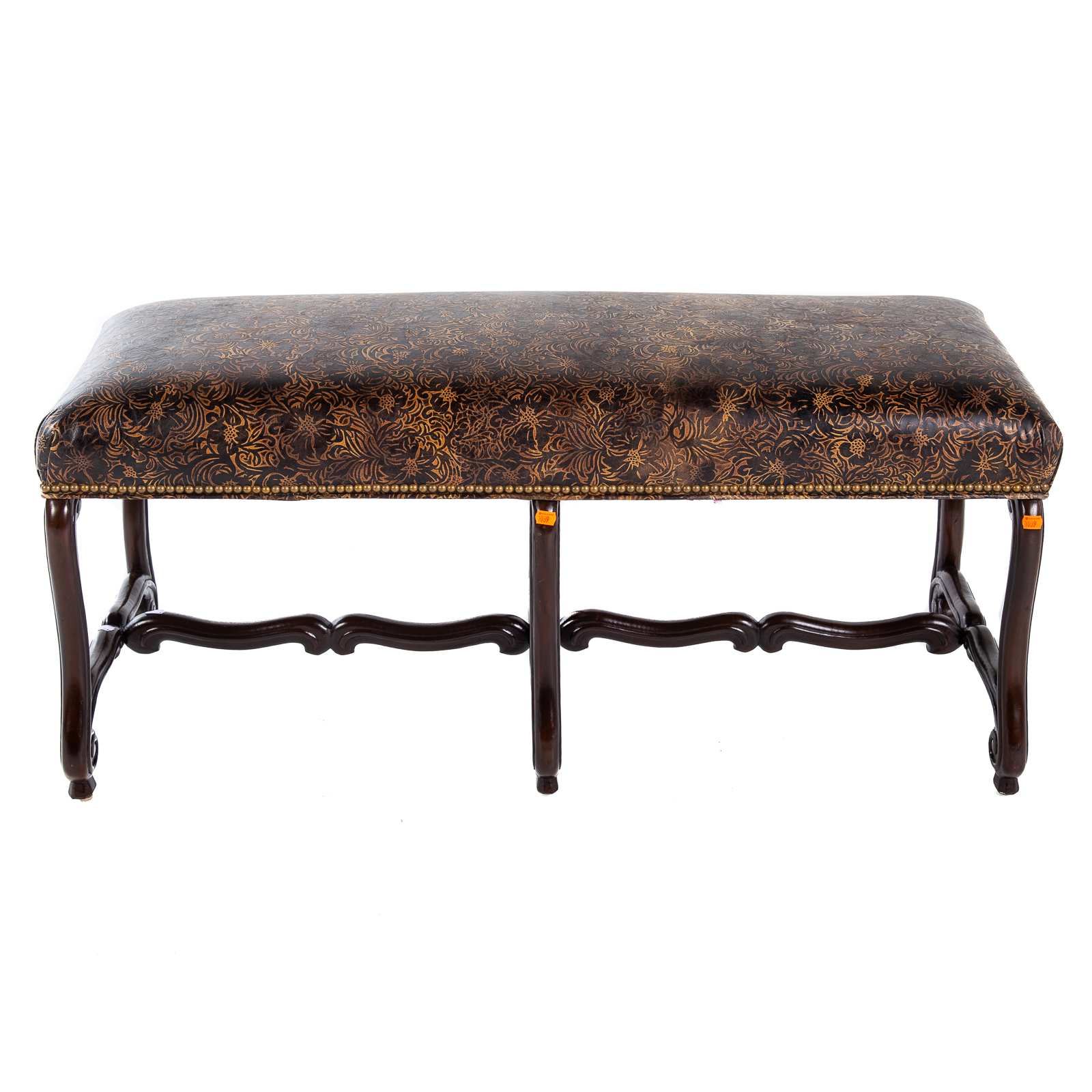 Appraisal: BAROQUE STYLE TOOLED LEATHER BENCH With leather tack upholstery in