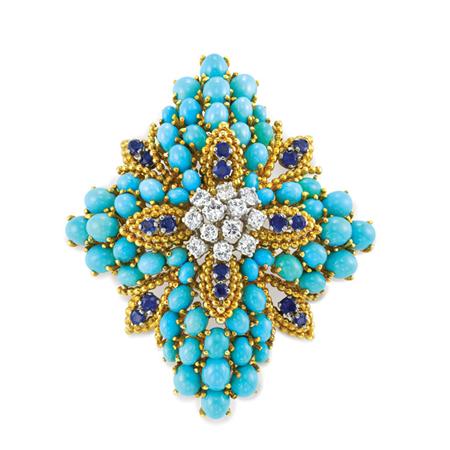 Appraisal: Gold Turquoise Sapphire and Diamond Clip-Brooch Tiffany Co Estimate -