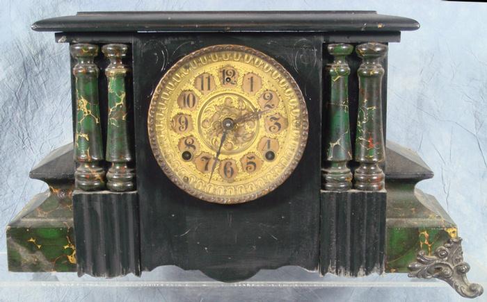 Appraisal: Gilbert black wood column mantle clock embossed brass dial l