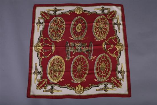 Appraisal: HERM S SILK SCARF BY CATY LATHAM Burgundy-red ground with