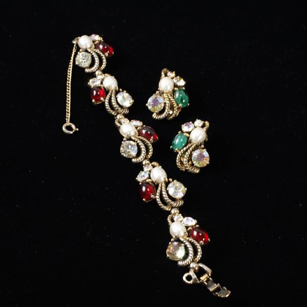 Appraisal: Schiaparelli pc co-ordinating bracelet and earrings Faux pearls red green