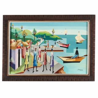 Appraisal: Yves Cameau Haitian th Century Cubist Style Harbor Scene acrylic