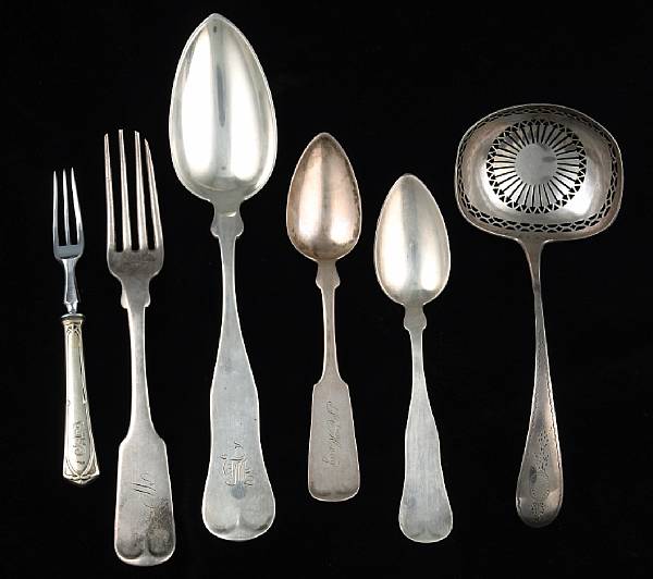 Appraisal: A group of silver flatware Comprising Fiddle tea caddy spoon