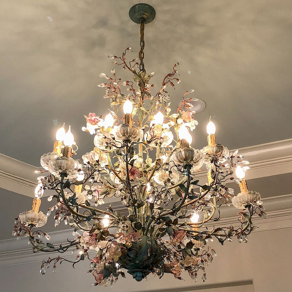 Appraisal: Murano painted tole crystal chandelier th century green ground and