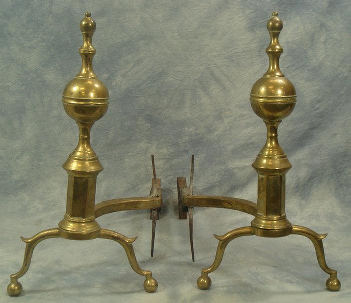 Appraisal: Pr early ball finial top brass andirons missing back posts