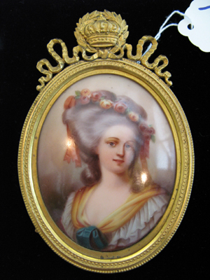 Appraisal: FRENCH MINIATURE OIL ON PORCELAIN Portrait of woman with curled