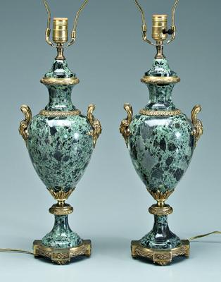 Appraisal: Pair green marble lamps urns with bronze mounts female heads