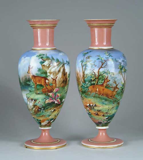 Appraisal: PAIR OF FINE HAND PAINTED MILK GLASS MANTLE VASES Tapered